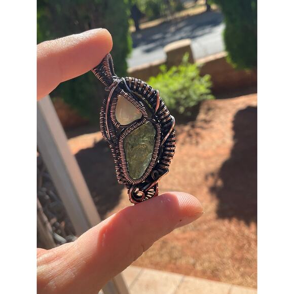 Intricate Moldavite With Opal Wire Wrap Pendant - Picture 9 of 11